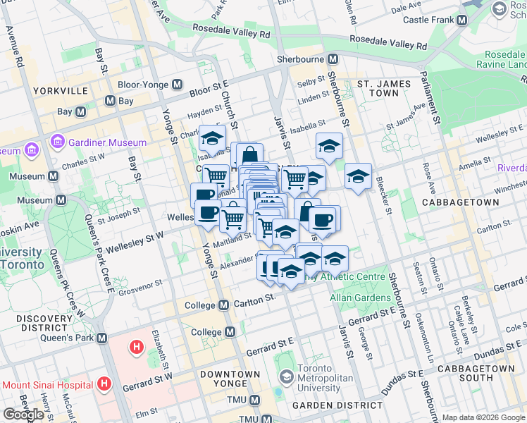 map of restaurants, bars, coffee shops, grocery stores, and more near 501 Church Street in Toronto