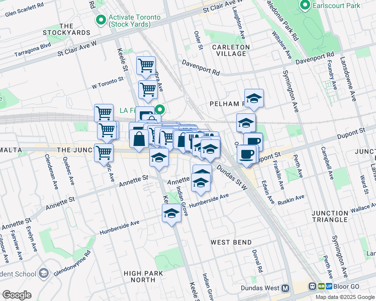 map of restaurants, bars, coffee shops, grocery stores, and more near 2770 Dundas Street West in Toronto