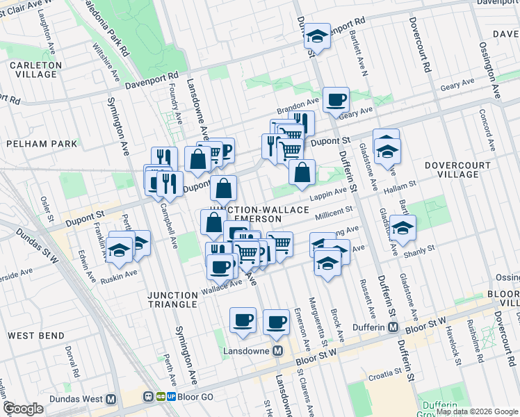 map of restaurants, bars, coffee shops, grocery stores, and more near 138 Lappin Avenue in Toronto
