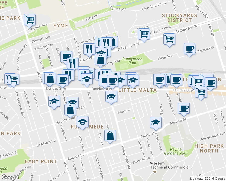 map of restaurants, bars, coffee shops, grocery stores, and more near 3333 Dundas Street West in Toronto