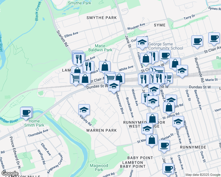 map of restaurants, bars, coffee shops, grocery stores, and more near 3671 Dundas Street West in Toronto