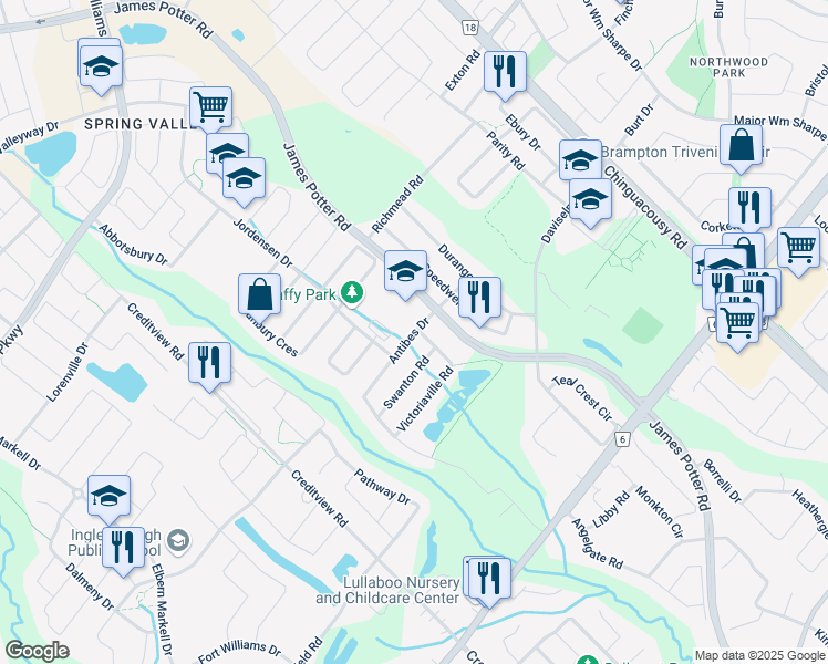 map of restaurants, bars, coffee shops, grocery stores, and more near Antibes Drive in Brampton
