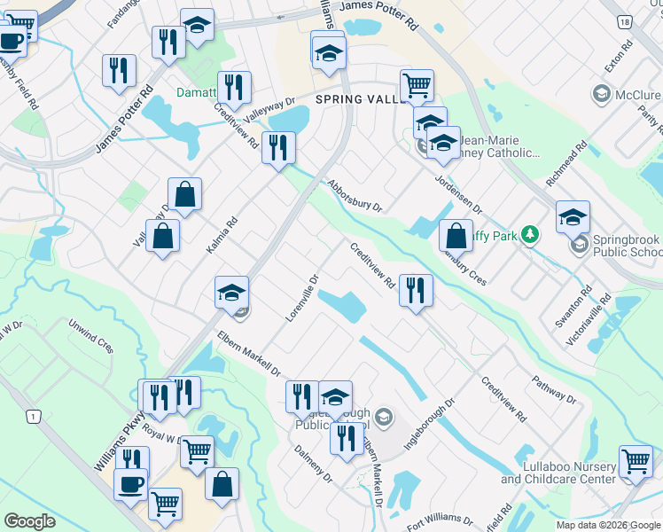 map of restaurants, bars, coffee shops, grocery stores, and more near 53 Lorenville Drive in Brampton