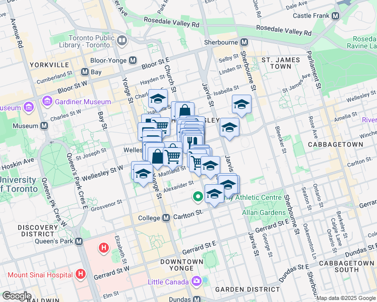 map of restaurants, bars, coffee shops, grocery stores, and more near 65 Wellesley Street East in Toronto