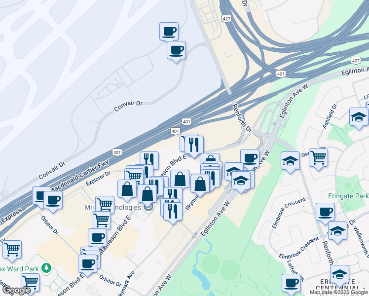 map of restaurants, bars, coffee shops, grocery stores, and more near 2810 Matheson Boulevard East in Mississauga