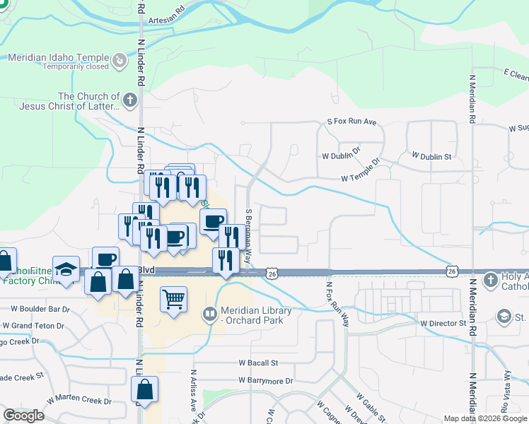 map of restaurants, bars, coffee shops, grocery stores, and more near 4196 West Sly Fox Street in Eagle