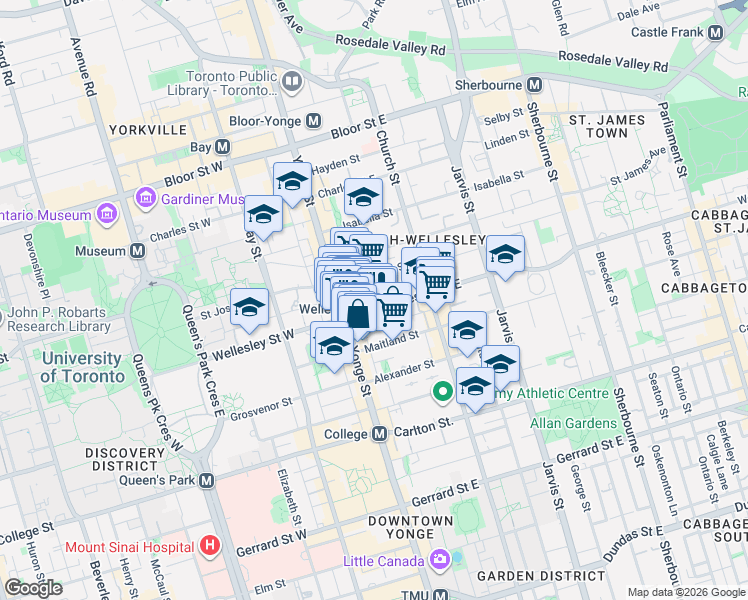 map of restaurants, bars, coffee shops, grocery stores, and more near 22 Wellesley Street East in Toronto