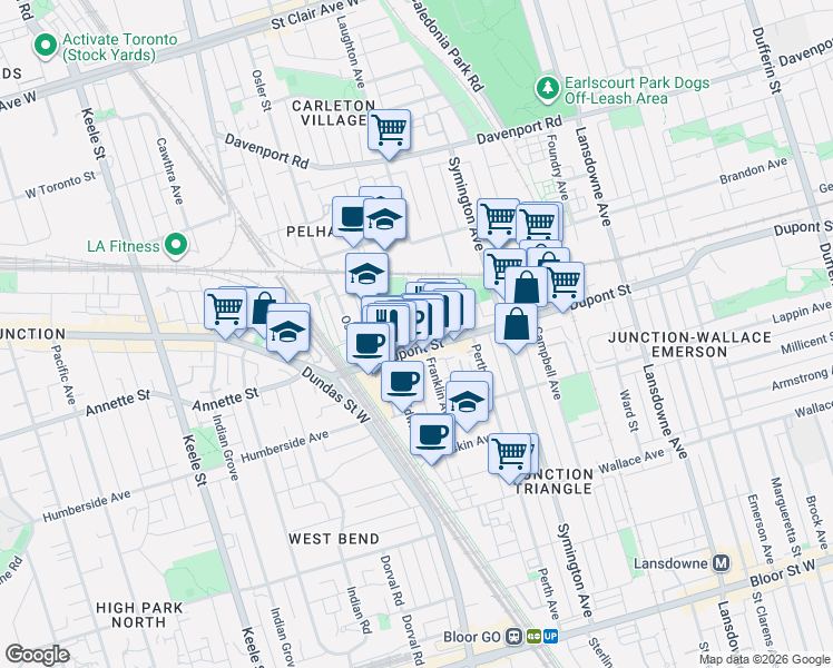 map of restaurants, bars, coffee shops, grocery stores, and more near 204 Franklin Avenue in Toronto