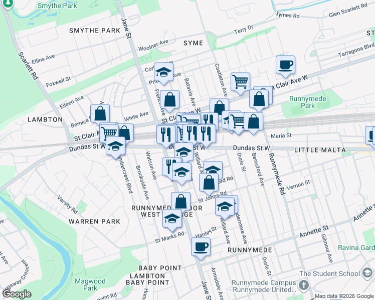 map of restaurants, bars, coffee shops, grocery stores, and more near in Toronto