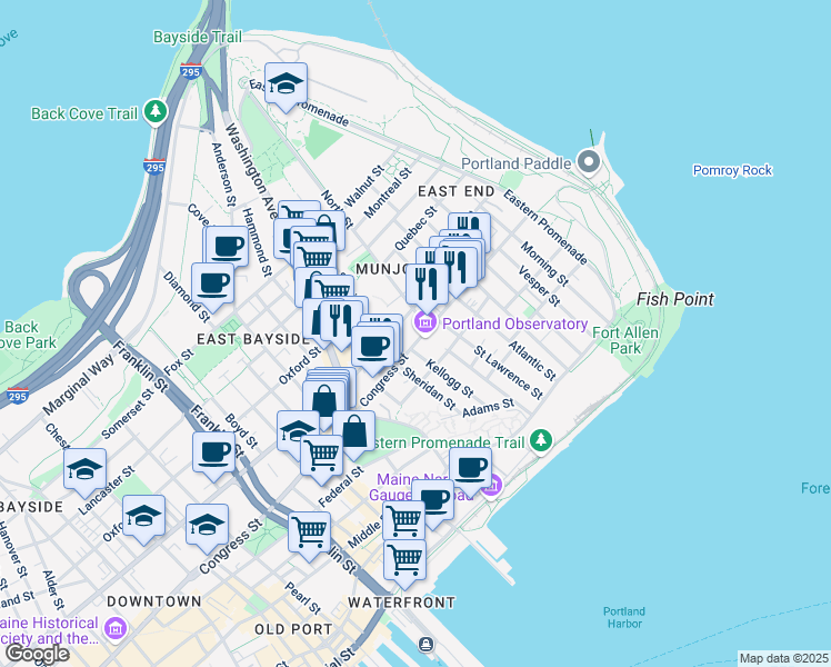 map of restaurants, bars, coffee shops, grocery stores, and more near 65 Monument Street in Portland