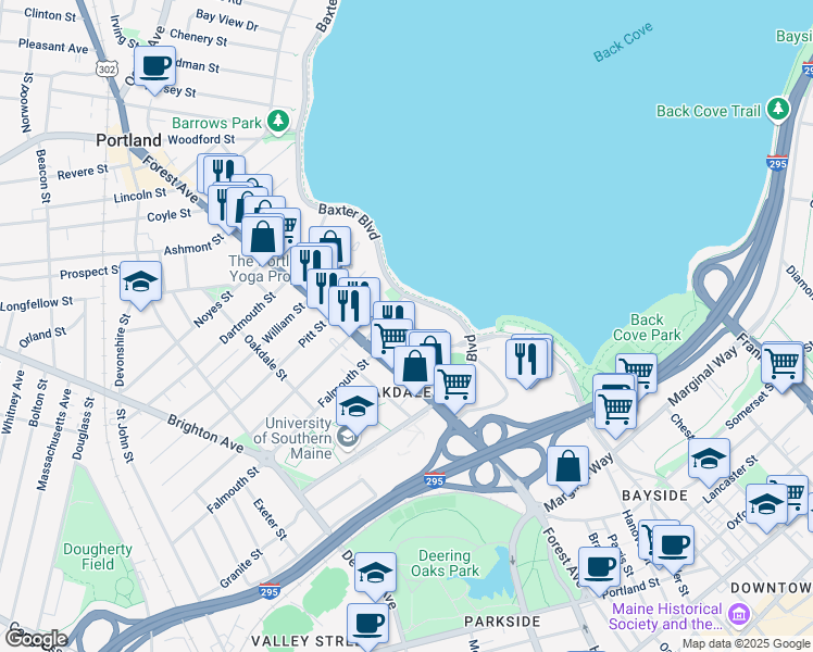 map of restaurants, bars, coffee shops, grocery stores, and more near 6 Grasmere Road in Portland