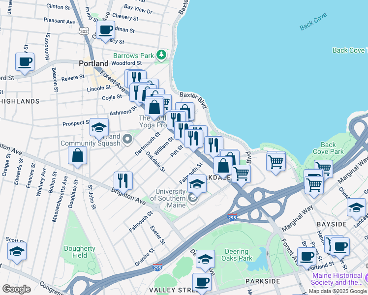 map of restaurants, bars, coffee shops, grocery stores, and more near 19 Fessenden Street in Portland