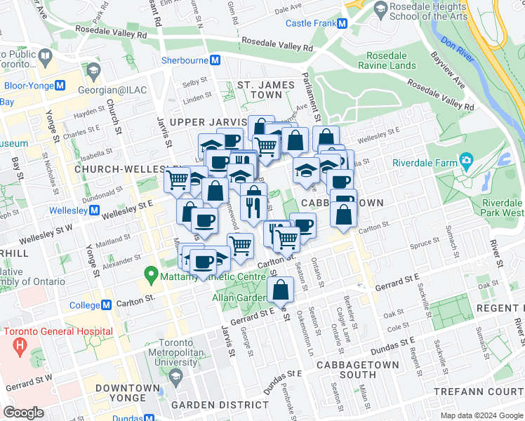 map of restaurants, bars, coffee shops, grocery stores, and more near in Toronto