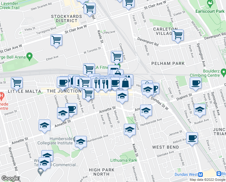 map of restaurants, bars, coffee shops, grocery stores, and more near 2870 Dundas Street West in Toronto