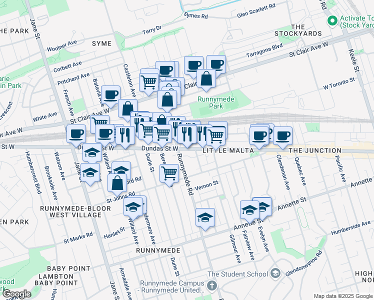 map of restaurants, bars, coffee shops, grocery stores, and more near in Toronto