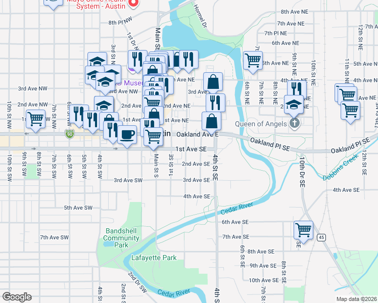 map of restaurants, bars, coffee shops, grocery stores, and more near 211 2nd Street Southeast in Austin