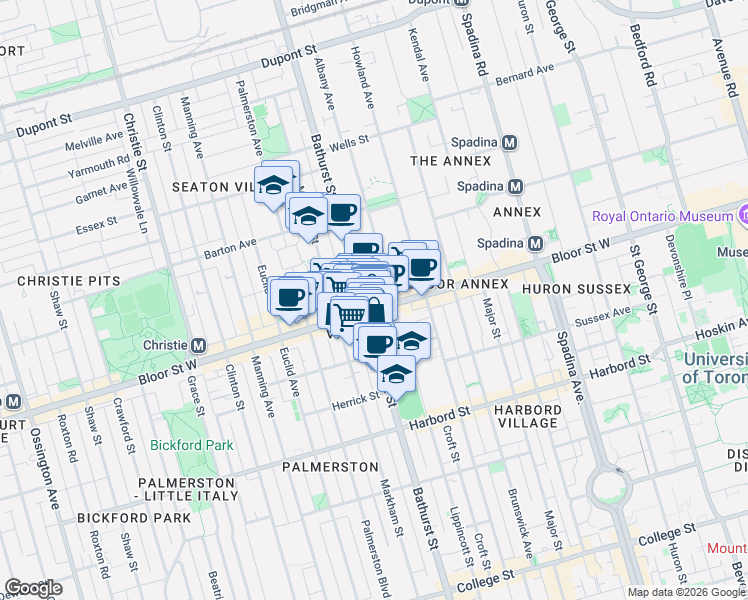 map of restaurants, bars, coffee shops, grocery stores, and more near 520 Bloor Street West in Toronto