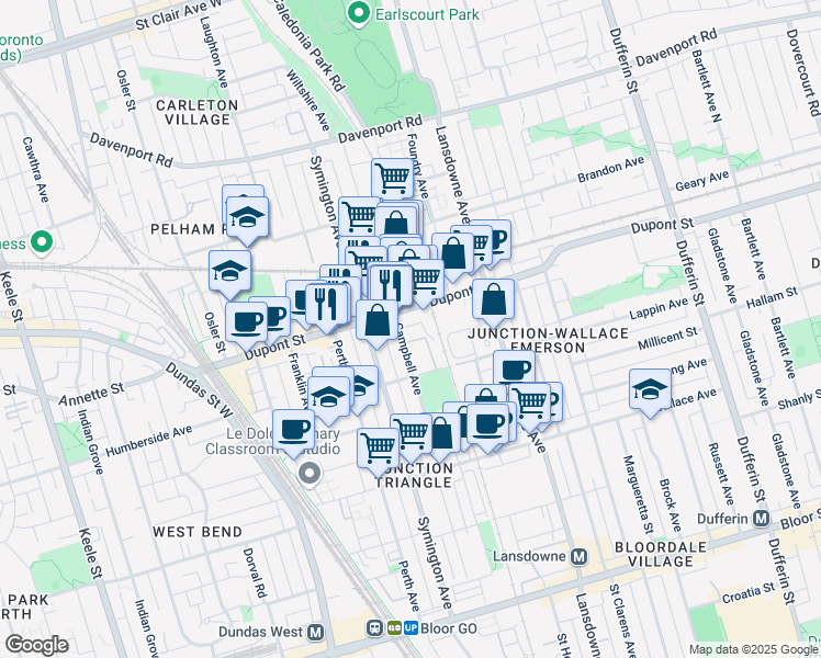 map of restaurants, bars, coffee shops, grocery stores, and more near in Toronto