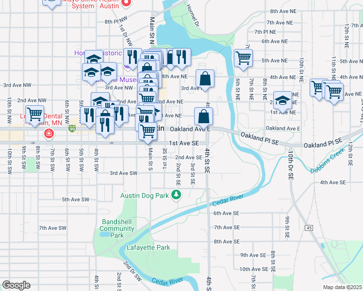 map of restaurants, bars, coffee shops, grocery stores, and more near 201 2nd Street Southeast in Austin