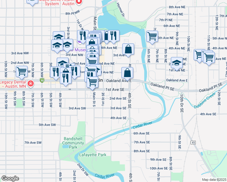 map of restaurants, bars, coffee shops, grocery stores, and more near 201 2nd Street Southeast in Austin