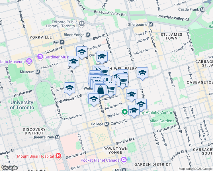 map of restaurants, bars, coffee shops, grocery stores, and more near 28 Wellesley Street East in Toronto