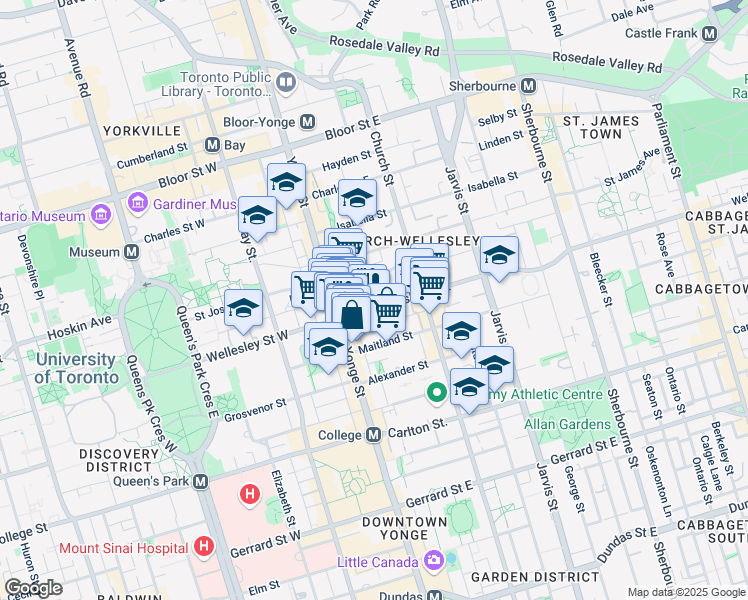 map of restaurants, bars, coffee shops, grocery stores, and more near 29 Wellesley Street East in Toronto
