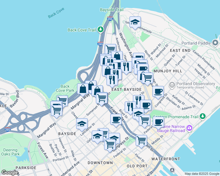 map of restaurants, bars, coffee shops, grocery stores, and more near 105 Fox Street in Portland