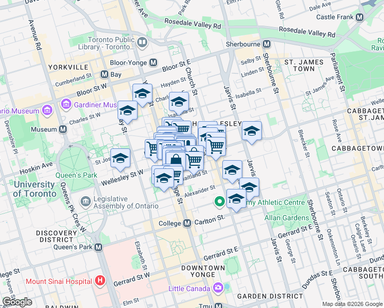 map of restaurants, bars, coffee shops, grocery stores, and more near 50 Wellesley Street East in Toronto