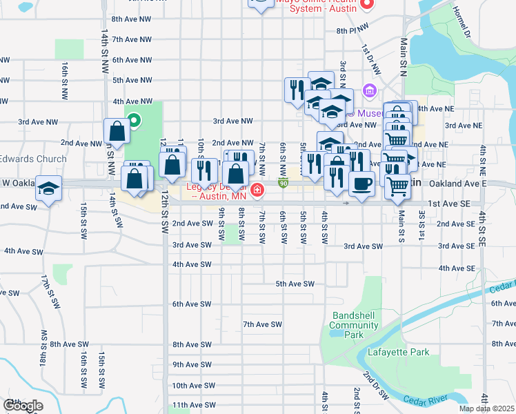 map of restaurants, bars, coffee shops, grocery stores, and more near 710 2nd Avenue Southwest in Austin