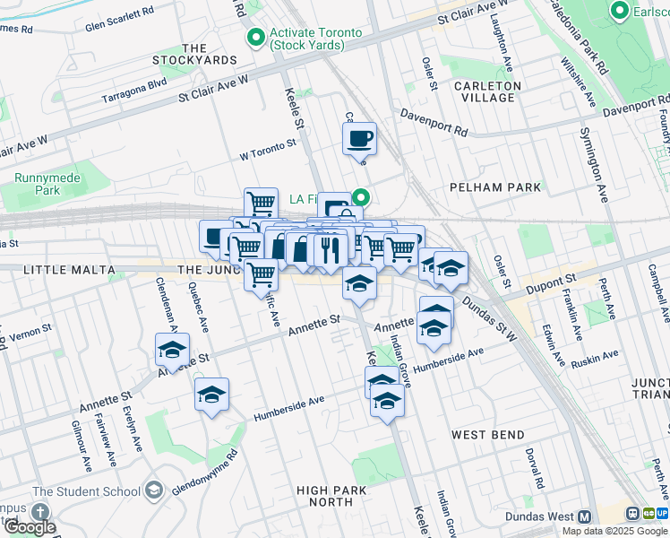map of restaurants, bars, coffee shops, grocery stores, and more near 2870 Dundas Street West in Toronto