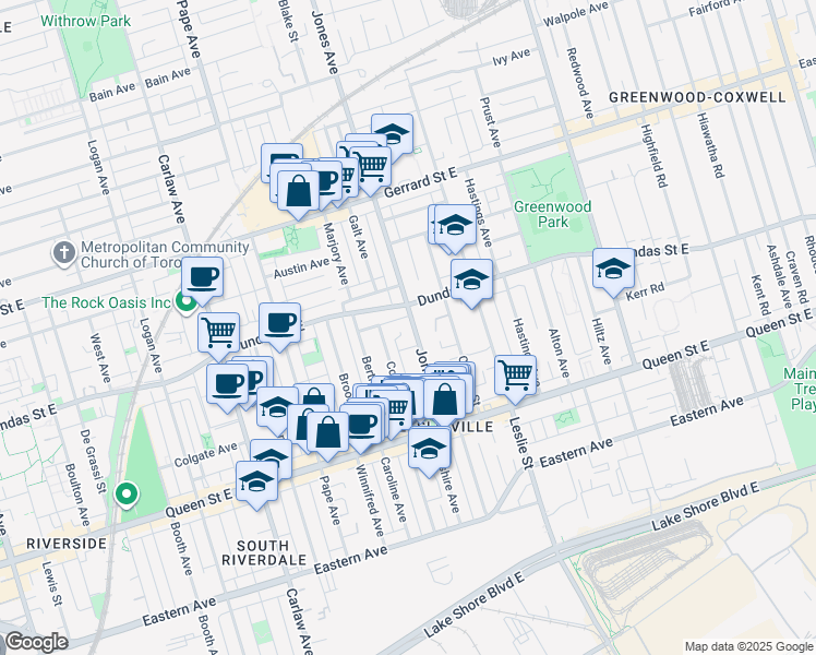 map of restaurants, bars, coffee shops, grocery stores, and more near 108 Jones Avenue in Toronto