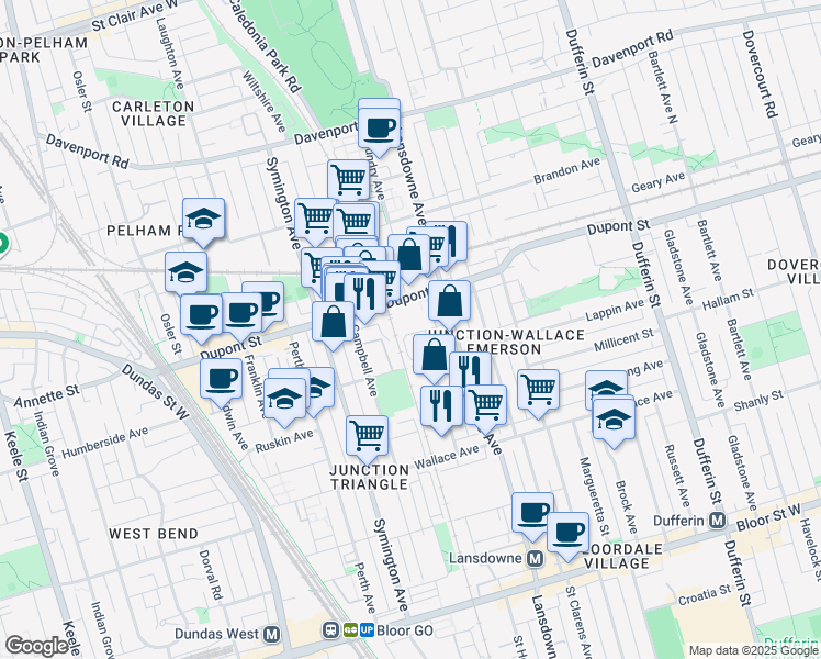 map of restaurants, bars, coffee shops, grocery stores, and more near in Toronto