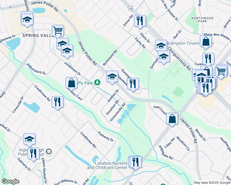 map of restaurants, bars, coffee shops, grocery stores, and more near in Brampton
