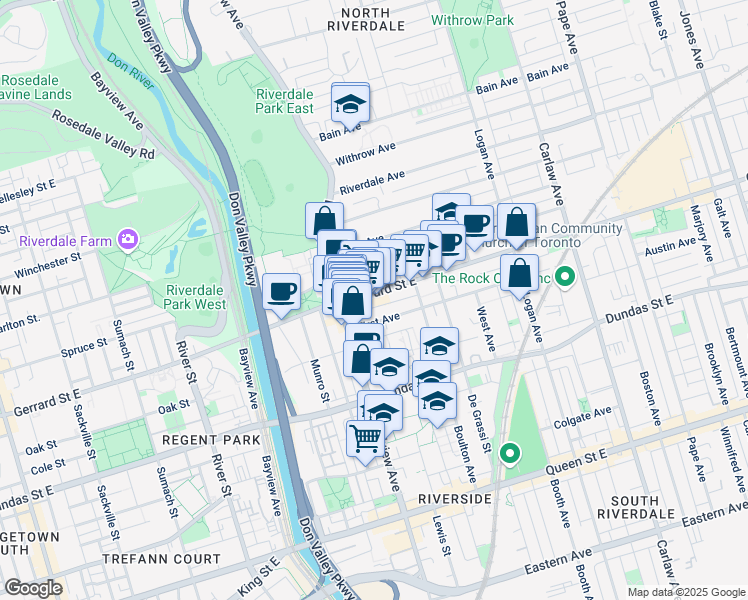map of restaurants, bars, coffee shops, grocery stores, and more near in Toronto