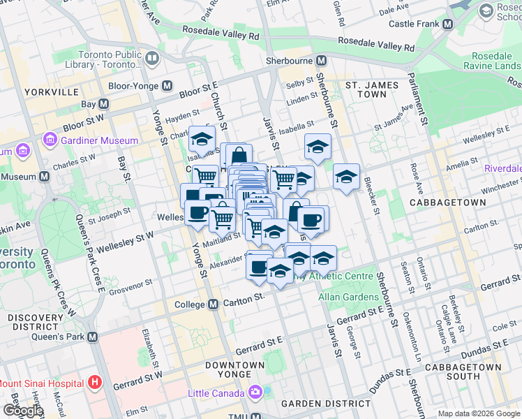 map of restaurants, bars, coffee shops, grocery stores, and more near 81 Wellesley Street East in Toronto