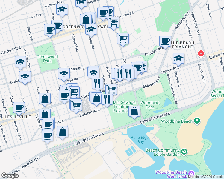 map of restaurants, bars, coffee shops, grocery stores, and more near 1533 Queen Street East in Toronto