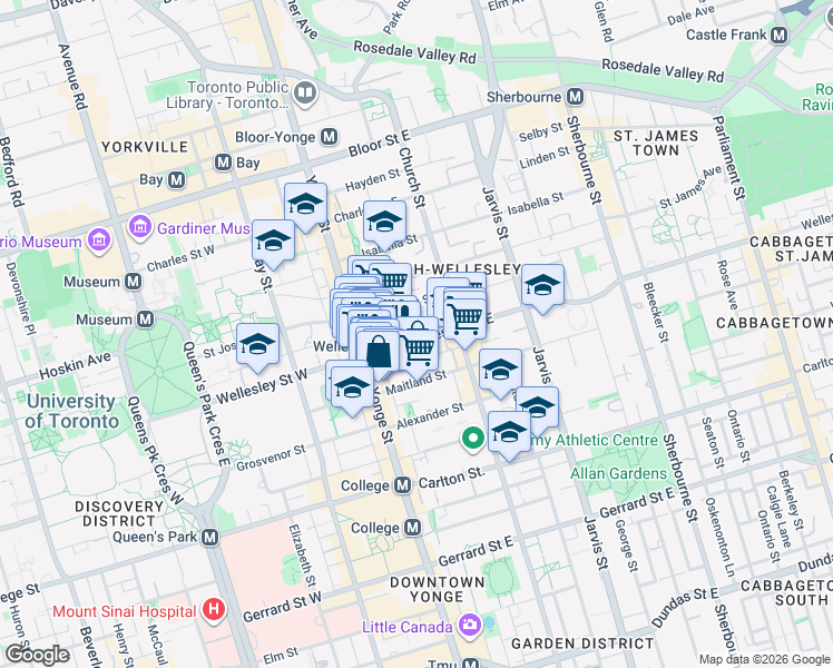 map of restaurants, bars, coffee shops, grocery stores, and more near 50 Wellesley Street East in Toronto