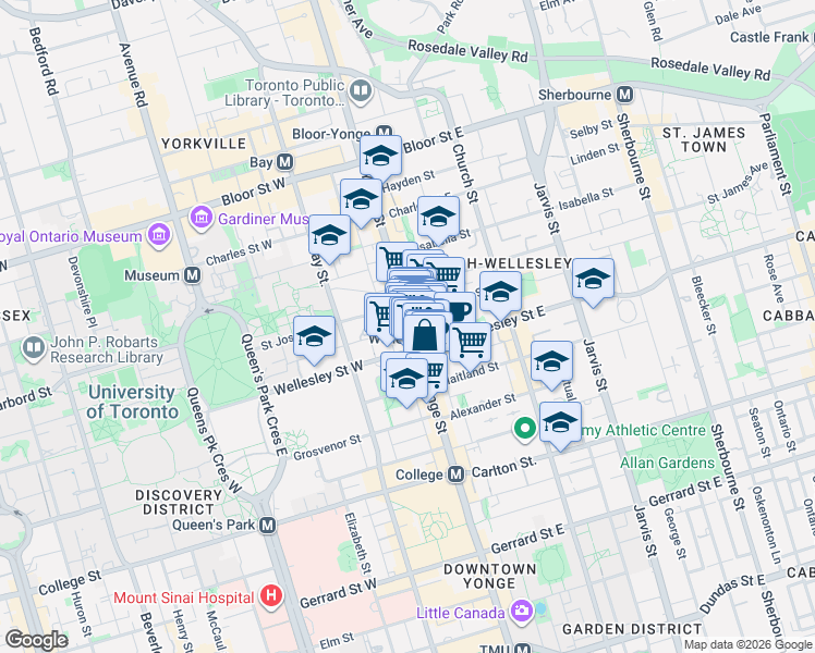map of restaurants, bars, coffee shops, grocery stores, and more near 15 Dundonald Street in Toronto