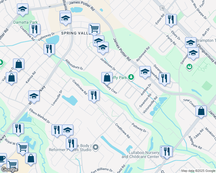 map of restaurants, bars, coffee shops, grocery stores, and more near Hanbury Crescent in Brampton