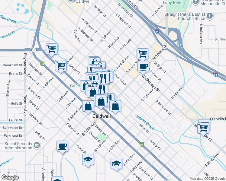 map of restaurants, bars, coffee shops, grocery stores, and more near in Caldwell