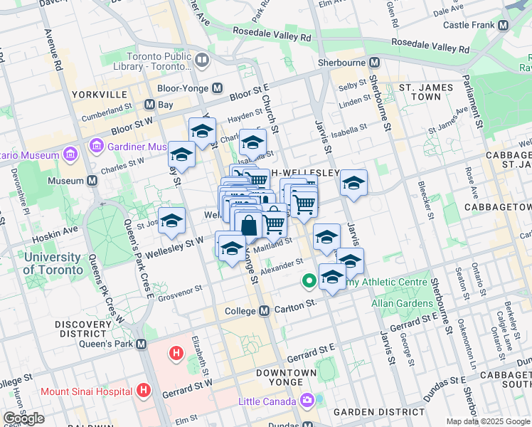 map of restaurants, bars, coffee shops, grocery stores, and more near 28 Wellesley Street East in Toronto