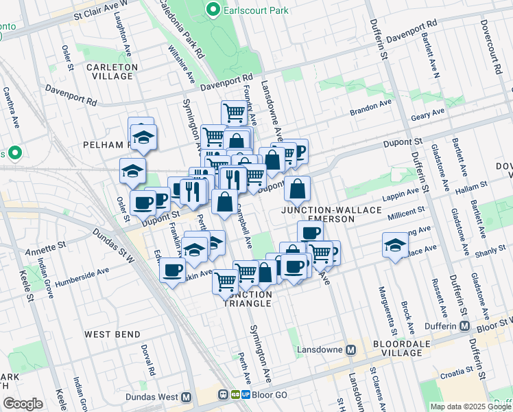 map of restaurants, bars, coffee shops, grocery stores, and more near in Toronto