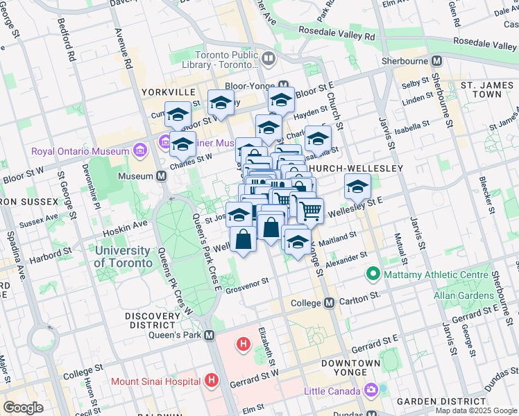 map of restaurants, bars, coffee shops, grocery stores, and more near 1001 Bay Street in Toronto