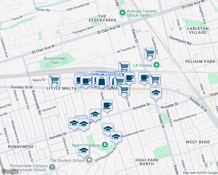 map of restaurants, bars, coffee shops, grocery stores, and more near 3042 Dundas Street West in Toronto