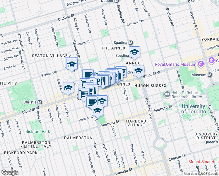 map of restaurants, bars, coffee shops, grocery stores, and more near 501 Bloor Street West in Toronto