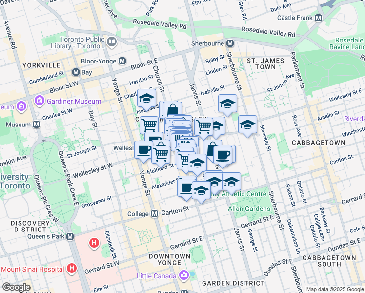 map of restaurants, bars, coffee shops, grocery stores, and more near 77 Wellesley Street East in Toronto