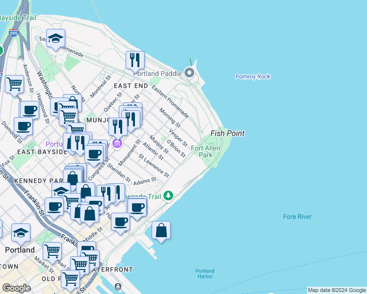 map of restaurants, bars, coffee shops, grocery stores, and more near 38 Eastern Promenade in Portland