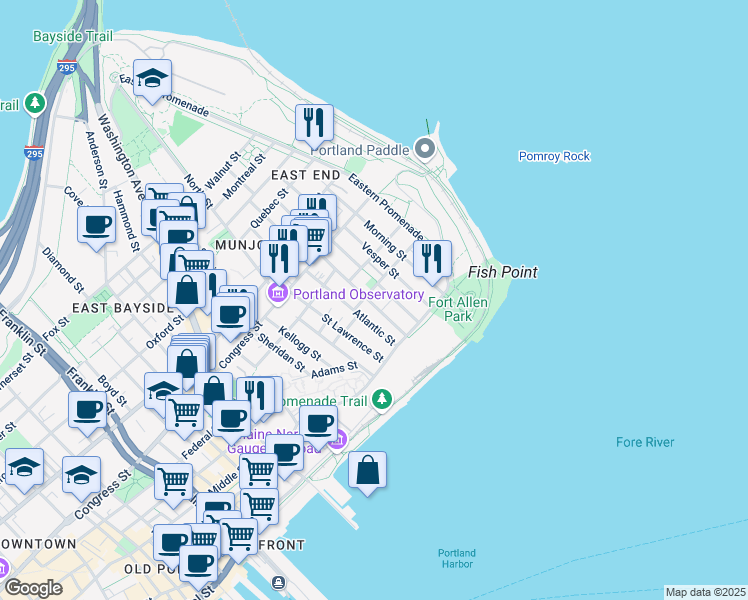 map of restaurants, bars, coffee shops, grocery stores, and more near 18 Munjoy Street in Portland