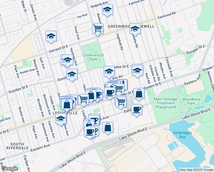 map of restaurants, bars, coffee shops, grocery stores, and more near 1348 A Queen Street East in Toronto