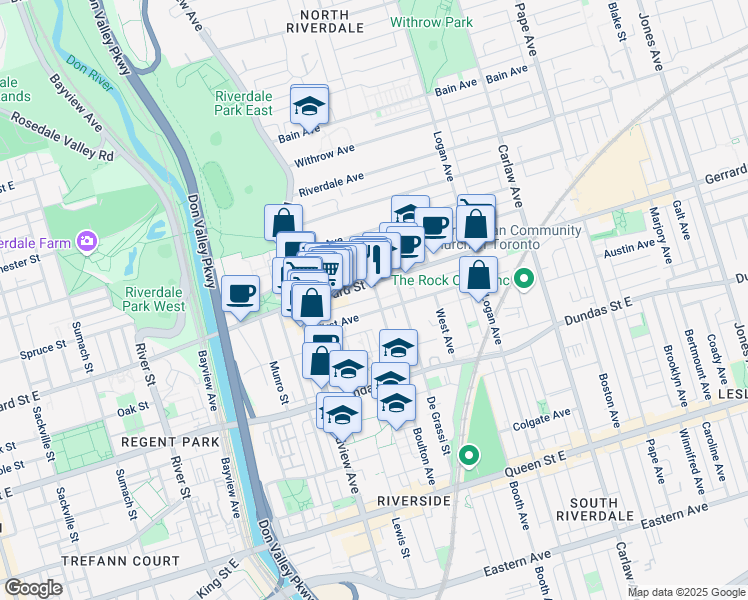 map of restaurants, bars, coffee shops, grocery stores, and more near in Toronto